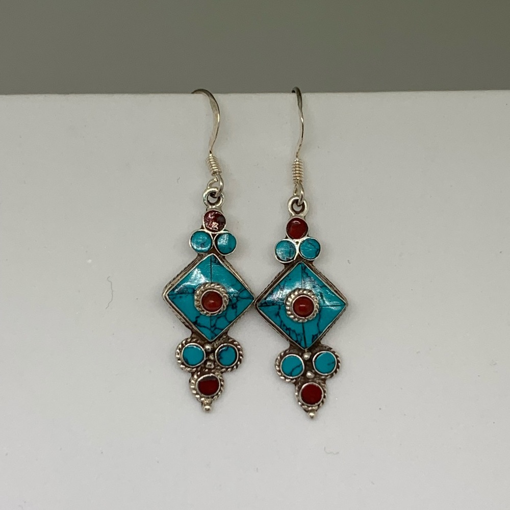 925 Sliver Plate Turquoise Drop Earrings